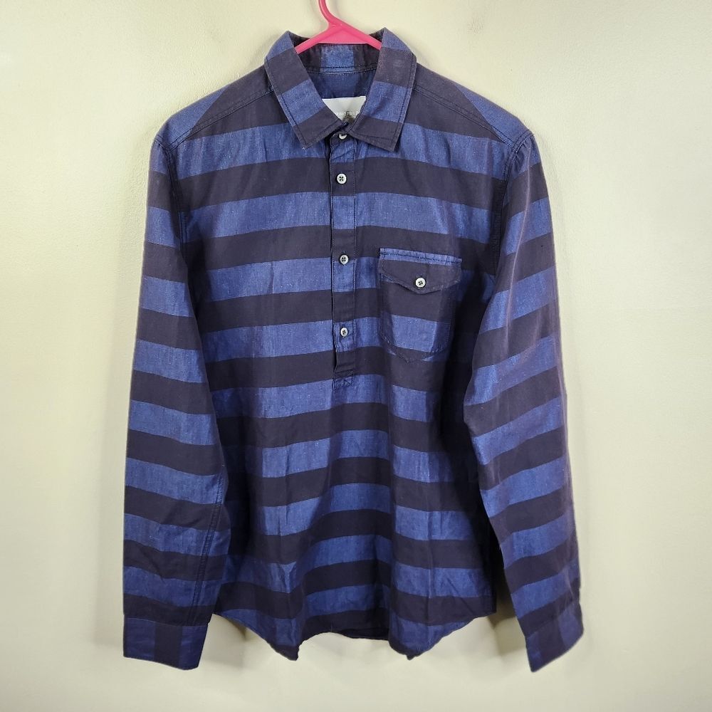 Springfield LS Block Striped Cotton Linen Blend 1/2 Button Popover Shirt 38 - M